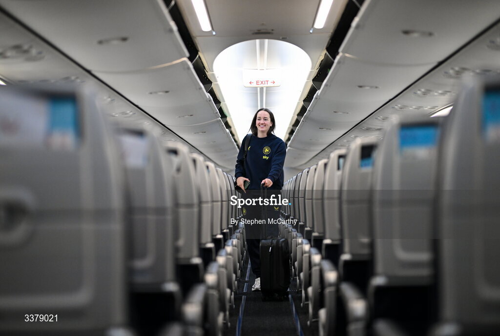 5 March 2026; Republic of Ireland's Anna Patten onboard their chartered flight to Amsterdam's Schiphol Airport as Republic of Ireland women travel to the Netherlands for their 2027 FIFA Women’s World Cup Qualifier against the Netherlands in Utrecht on Saturday. Photo by Stephen McCarthy/Sportsfile