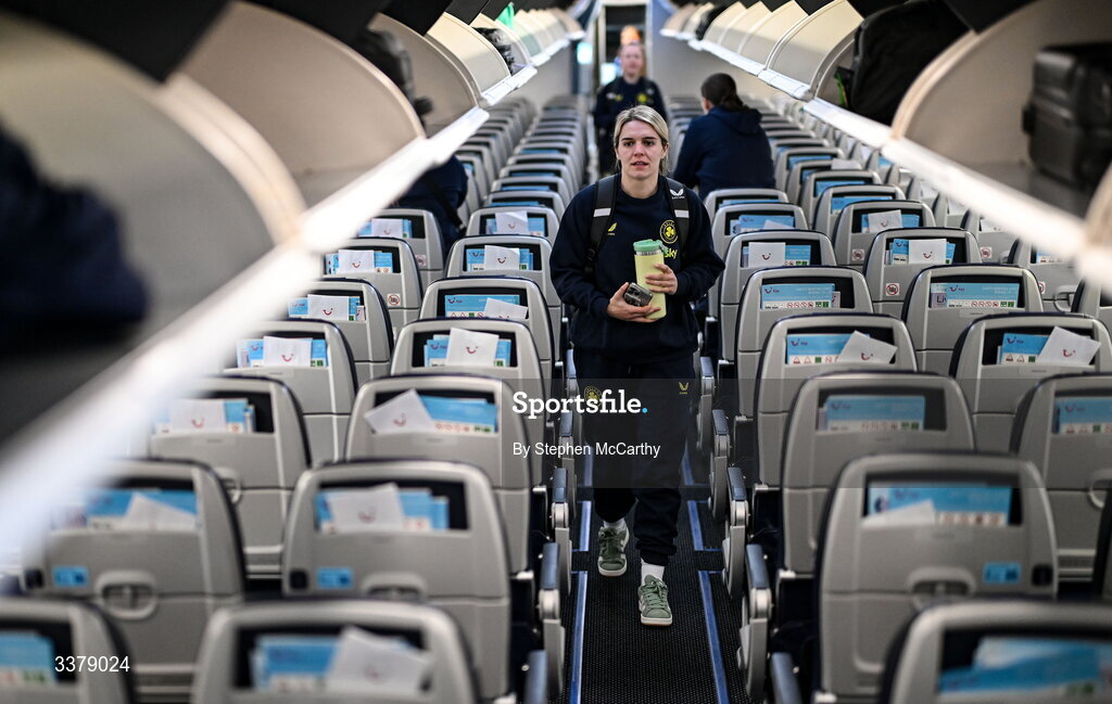 5 March 2026; Republic of Ireland's Jamie Finn onboard their chartered flight to Amsterdam's Schiphol Airport as Republic of Ireland women travel to the Netherlands for their 2027 FIFA Women’s World Cup Qualifier against the Netherlands in Utrecht on Saturday. Photo by Stephen McCarthy/Sportsfile