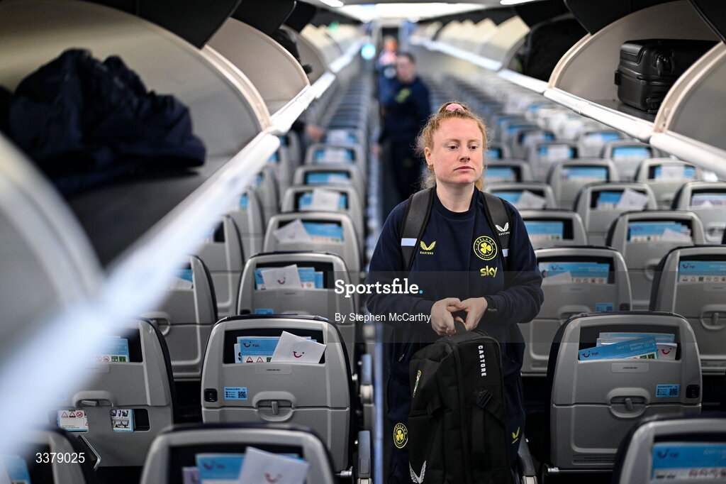5 March 2026; Republic of Ireland's Amber Barrett onboard their chartered flight to Amsterdam's Schiphol Airport as Republic of Ireland women travel to the Netherlands for their 2027 FIFA Women’s World Cup Qualifier against the Netherlands in Utrecht on Saturday. Photo by Stephen McCarthy/Sportsfile