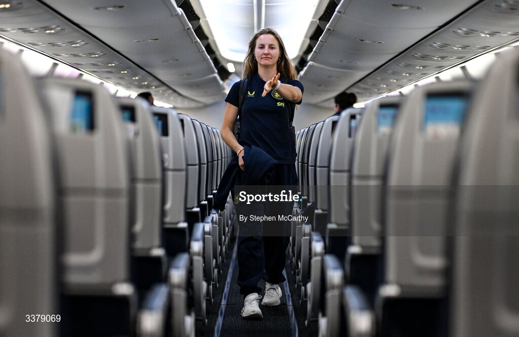 5 March 2026; Republic of Ireland's Kyra Carusa onboard their chartered flight to Amsterdam's Schiphol Airport as Republic of Ireland women travel to the Netherlands for their 2027 FIFA Women’s World Cup Qualifier against the Netherlands in Utrecht on Saturday. Photo by Stephen McCarthy/Sportsfile