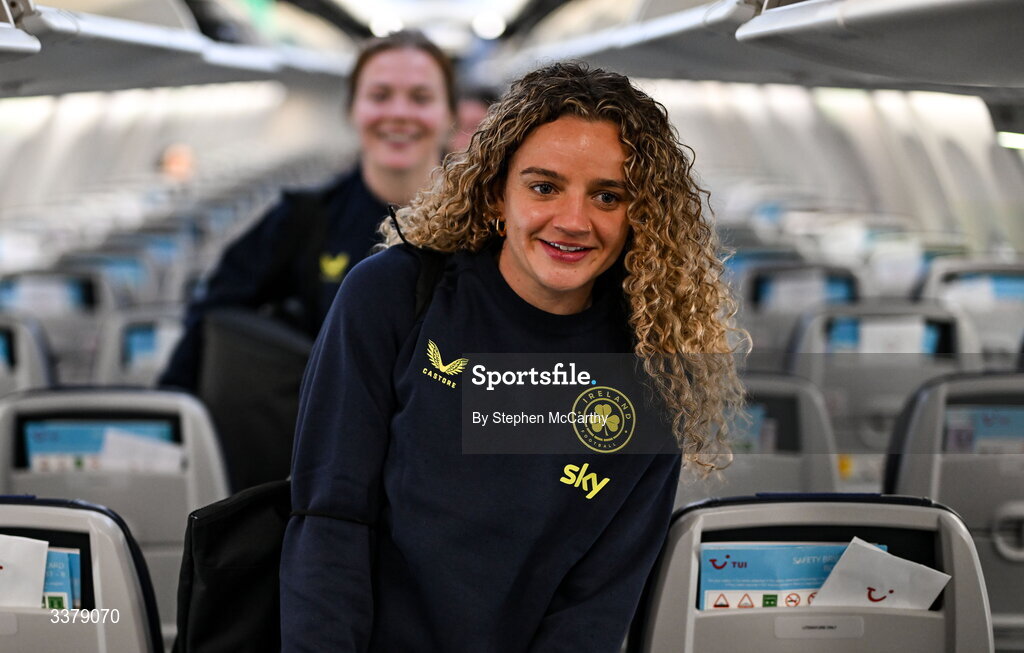 5 March 2026; Republic of Ireland's Leanne Kiernan onboard their chartered flight to Amsterdam's Schiphol Airport as Republic of Ireland women travel to the Netherlands for their 2027 FIFA Women’s World Cup Qualifier against the Netherlands in Utrecht on Saturday. Photo by Stephen McCarthy/Sportsfile