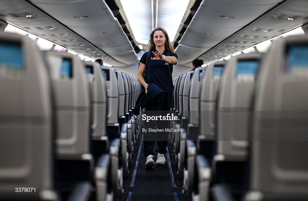 5 March 2026; Republic of Ireland's Kyra Carusa onboard their chartered flight to Amsterdam's Schiphol Airport as Republic of Ireland women travel to the Netherlands for their 2027 FIFA Women’s World Cup Qualifier against the Netherlands in Utrecht on Saturday. Photo by Stephen McCarthy/Sportsfile