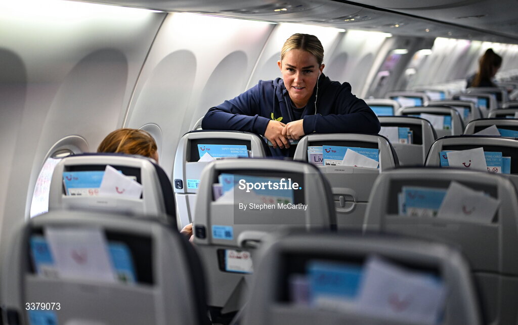 5 March 2026; Republic of Ireland's Jessie Stapleton onboard their chartered flight to Amsterdam's Schiphol Airport as Republic of Ireland women travel to the Netherlands for their 2027 FIFA Women’s World Cup Qualifier against the Netherlands in Utrecht on Saturday. Photo by Stephen McCarthy/Sportsfile