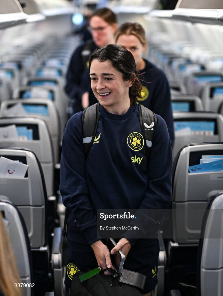 5 March 2026; Republic of Ireland's Marissa Sheva onboard their chartered flight to Amsterdam's Schiphol Airport as Republic of Ireland women travel to the Netherlands for their 2027 FIFA Women’s World Cup Qualifier against the Netherlands in Utrecht on Saturday. Photo by Stephen McCarthy/Sportsfile