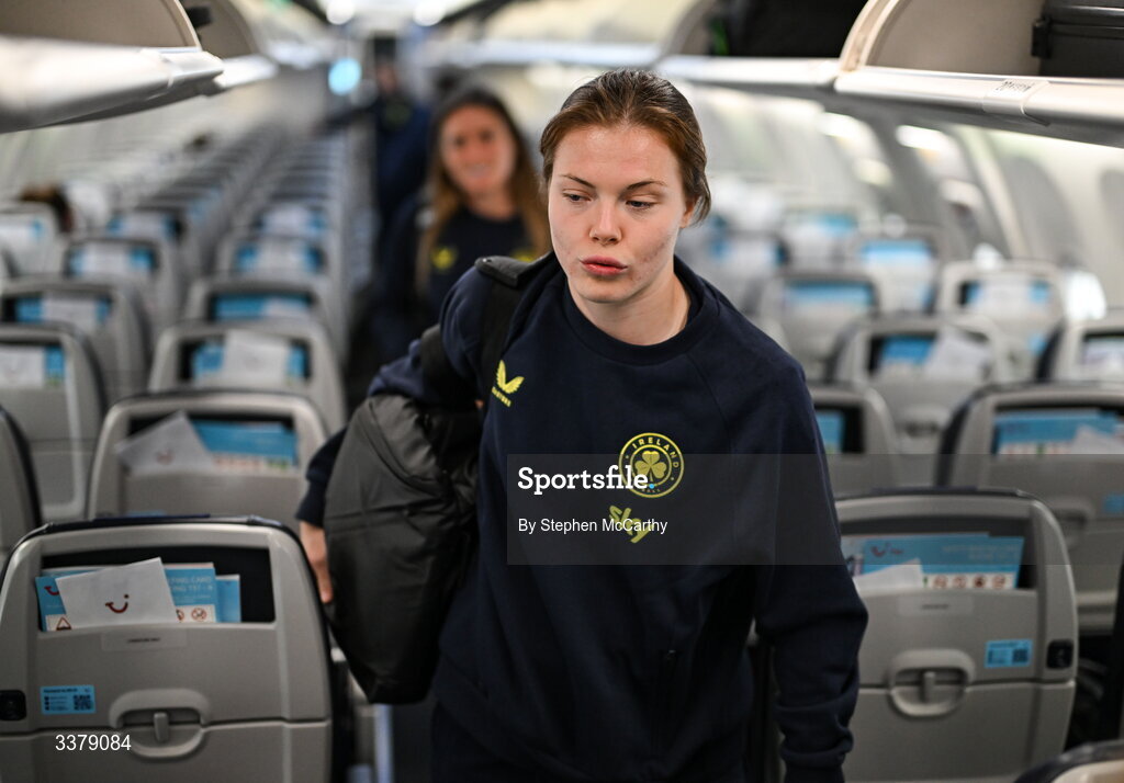5 March 2026; Republic of Ireland's Emily Murphy onboard their chartered flight to Amsterdam's Schiphol Airport as Republic of Ireland women travel to the Netherlands for their 2027 FIFA Women’s World Cup Qualifier against the Netherlands in Utrecht on Saturday. Photo by Stephen McCarthy/Sportsfile