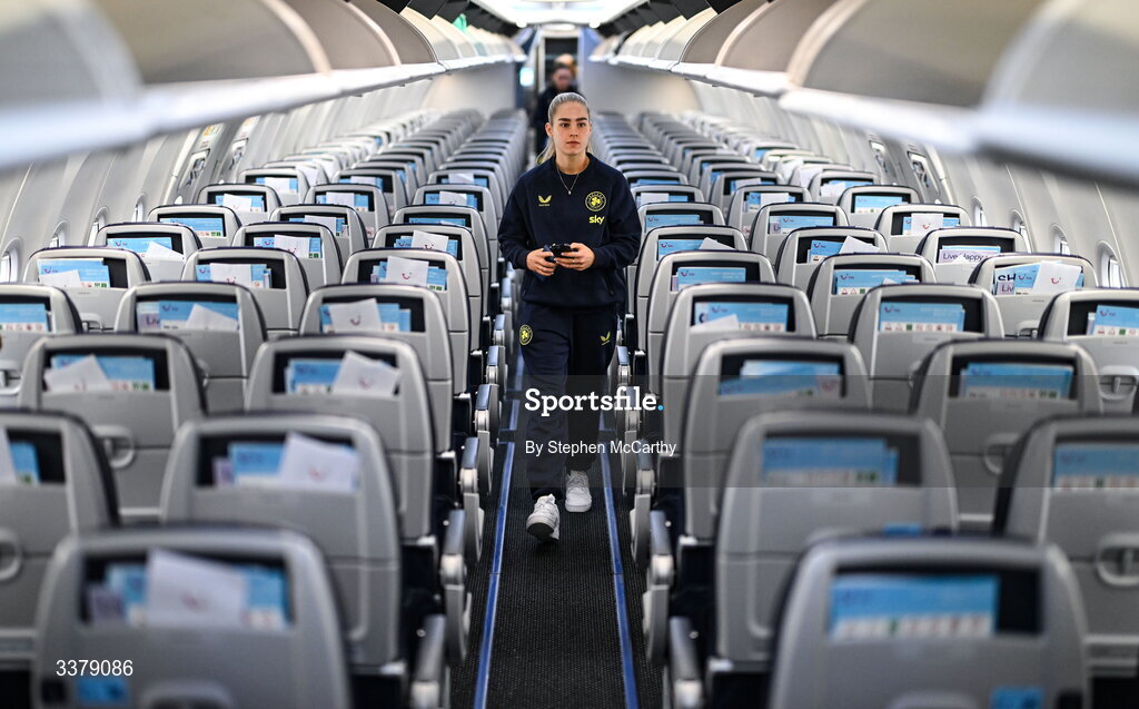 5 March 2026; Republic of Ireland's Tara O'Hanlon onboard their chartered flight to Amsterdam's Schiphol Airport as Republic of Ireland women travel to the Netherlands for their 2027 FIFA Women’s World Cup Qualifier against the Netherlands in Utrecht on Saturday. Photo by Stephen McCarthy/Sportsfile