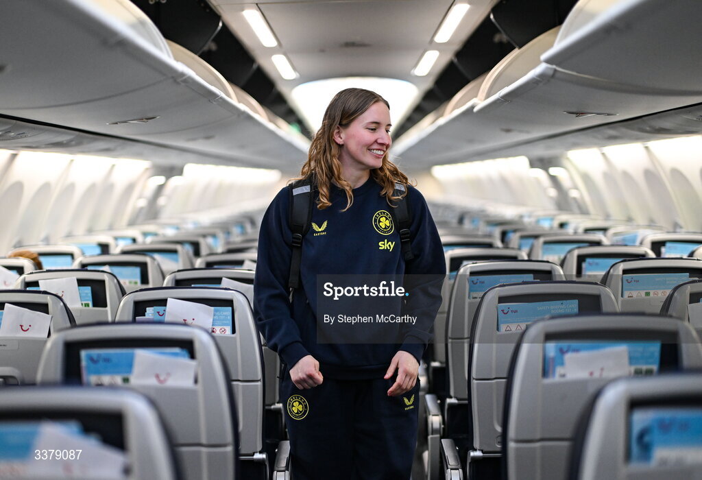 5 March 2026; Republic of Ireland's Sophie Whitehouse onboard their chartered flight to Amsterdam's Schiphol Airport as Republic of Ireland women travel to the Netherlands for their 2027 FIFA Women’s World Cup Qualifier against the Netherlands in Utrecht on Saturday. Photo by Stephen McCarthy/Sportsfile