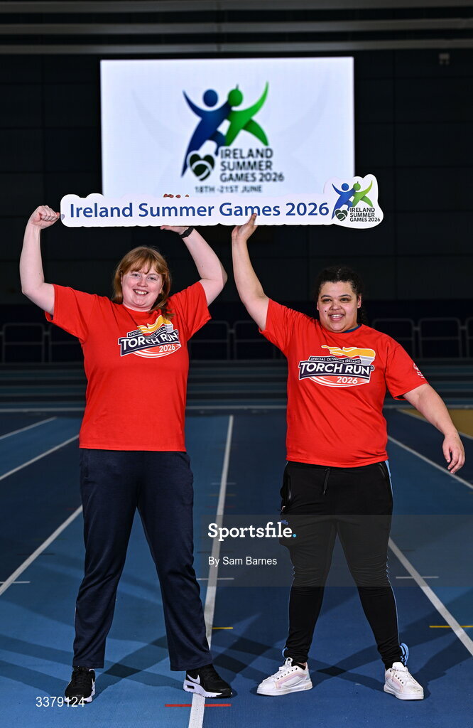 5 March 2026; Special Olympics Athletes Anita Forde from Kildare, left, and Moira Scott from Offaly pictured during the Special Olympics Ireland Summer Games launch at the National Indoor Arena on the Sport Ireland Campus in Dublin. Photo by Sam Barnes/Sportsfile