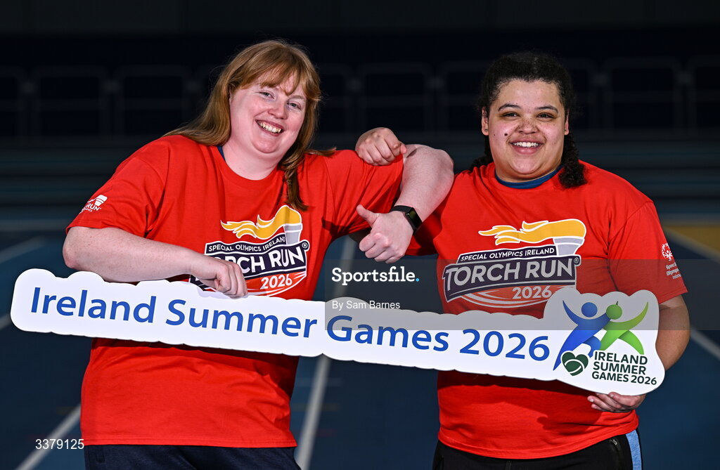 5 March 2026; Special Olympics Athletes Anita Forde from Kildare, left, and Moira Scott from Offaly pictured during the Special Olympics Ireland Summer Games launch at the National Indoor Arena on the Sport Ireland Campus in Dublin. Photo by Sam Barnes/Sportsfile
