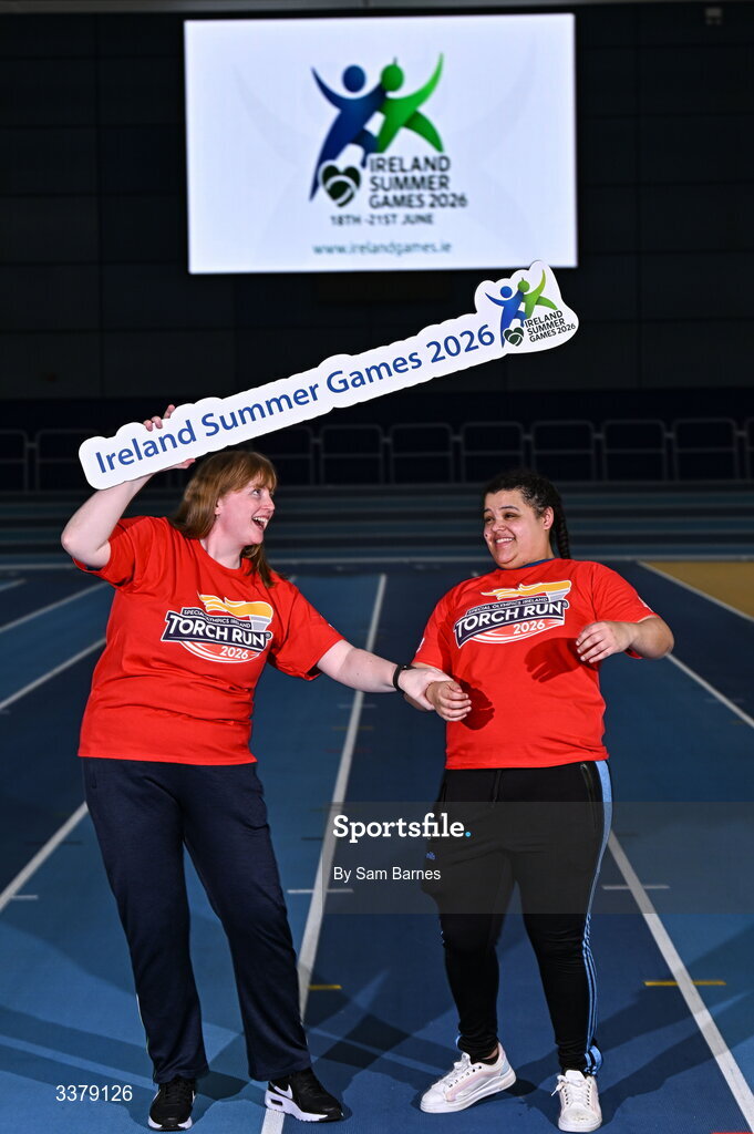 5 March 2026; Special Olympics Athletes Anita Forde from Kildare, left, and Moira Scott from Offaly pictured during the Special Olympics Ireland Summer Games launch at the National Indoor Arena on the Sport Ireland Campus in Dublin. Photo by Sam Barnes/Sportsfile