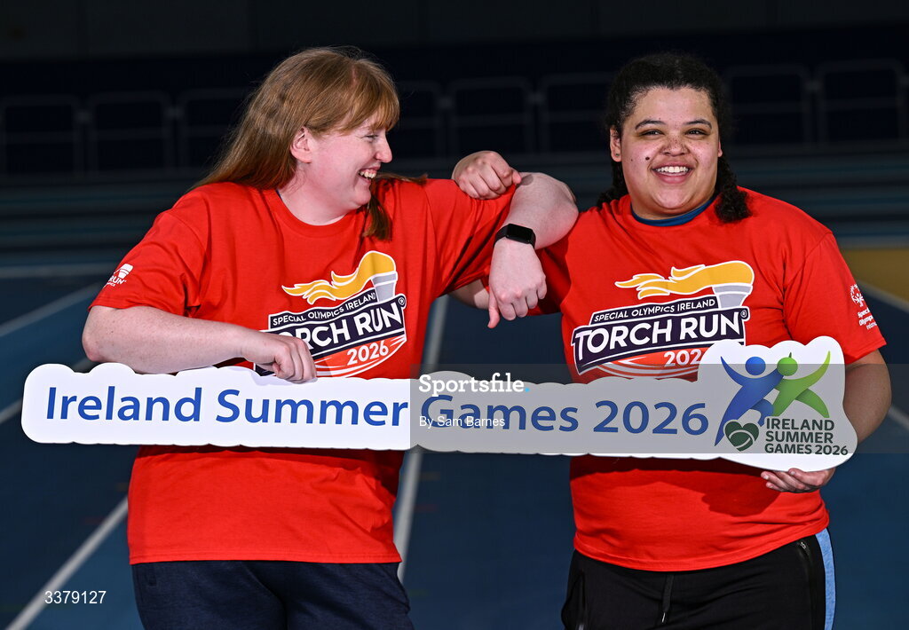 5 March 2026; Special Olympics Athletes Anita Forde from Kildare, left, and Moira Scott from Offaly pictured during the Special Olympics Ireland Summer Games launch at the National Indoor Arena on the Sport Ireland Campus in Dublin. Photo by Sam Barnes/Sportsfile