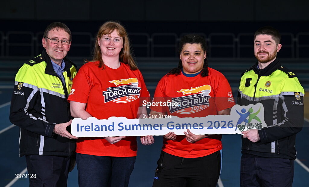 5 March 2026; Special Olympics Athletes Anita Forde from Kildare, centre left, and Moira Scott from Offaly, centre right, pictured with Garda Graham Doolan, left, and Garda Fergus Kerr during the Special Olympics Ireland Summer Games launch at the National Indoor Arena on the Sport Ireland Campus in Dublin. Photo by Sam Barnes/Sportsfile