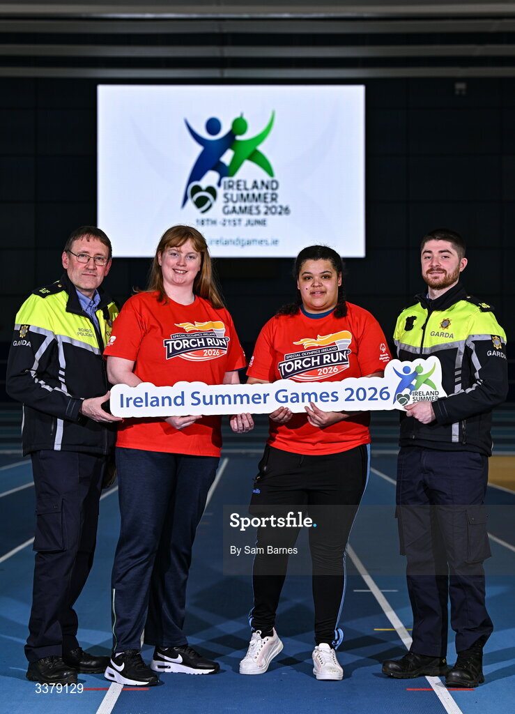 5 March 2026; Special Olympics Athletes Anita Forde from Kildare, centre left, and Moira Scott from Offaly, centre right, pictured with Garda Graham Doolan, left, and Garda Fergus Kerr during the Special Olympics Ireland Summer Games launch at the National Indoor Arena on the Sport Ireland Campus in Dublin. Photo by Sam Barnes/Sportsfile