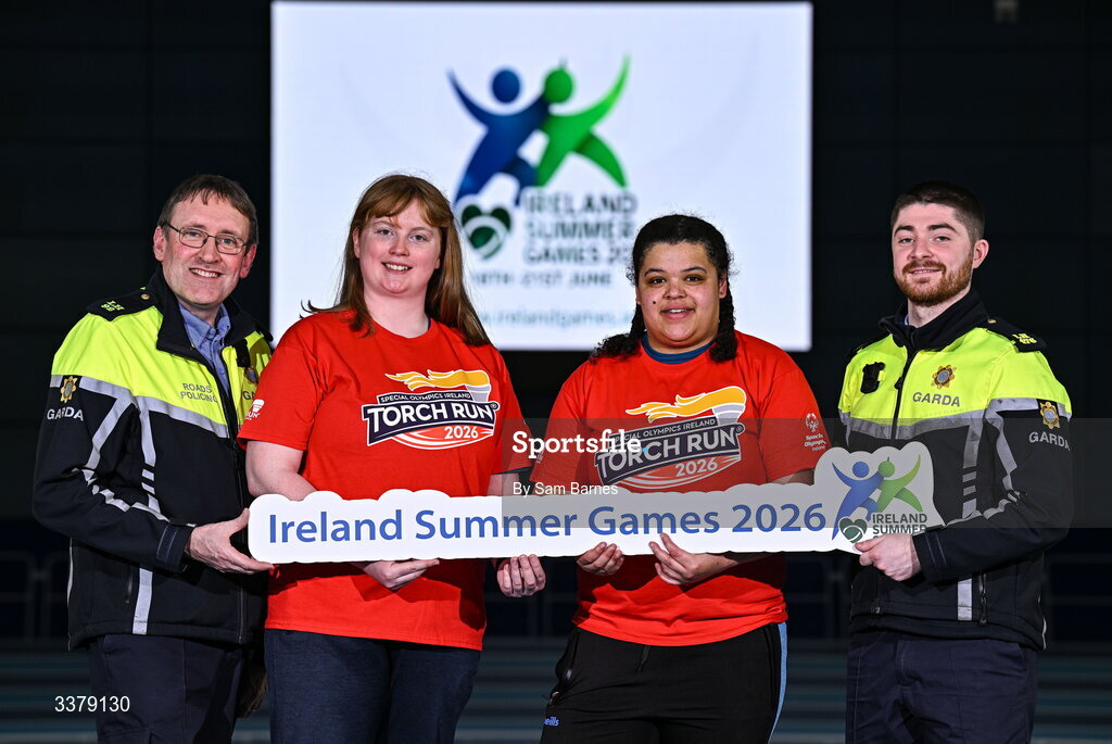 5 March 2026; Special Olympics Athletes Anita Forde from Kildare, centre left, and Moira Scott from Offaly, centre right, pictured with Garda Graham Doolan, left, and Garda Fergus Kerr during the Special Olympics Ireland Summer Games launch at the National Indoor Arena on the Sport Ireland Campus in Dublin. Photo by Sam Barnes/Sportsfile