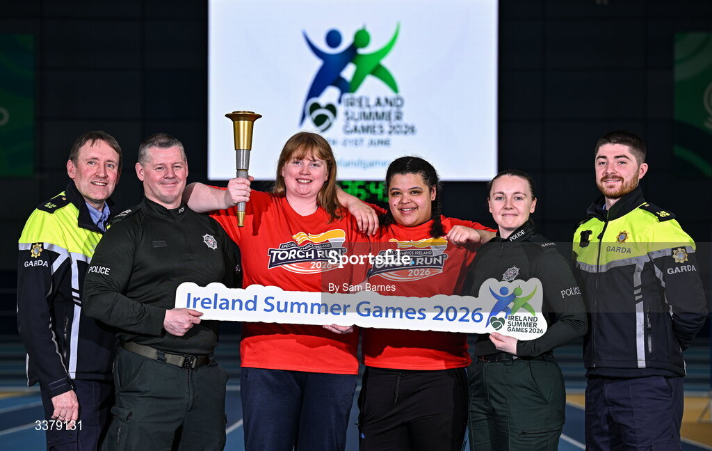 5 March 2026; Special Olympics Athletes Anita Forde from Kildare, centre left, and Moira Scott from Offaly, centre right, pictured with PSNI representatives Sergeant Shane Tohill, second from left, and Constable Victoria Montgomery, second from right, and An Garda Síochána representatives Garda Graham Doolan, far left, and Garda Fergus Kerr, far right, during the Special Olympics Ireland Summer Games launch at the National Indoor Arena on the Sport Ireland Campus in Dublin. Photo by Sam Barnes/Sportsfile