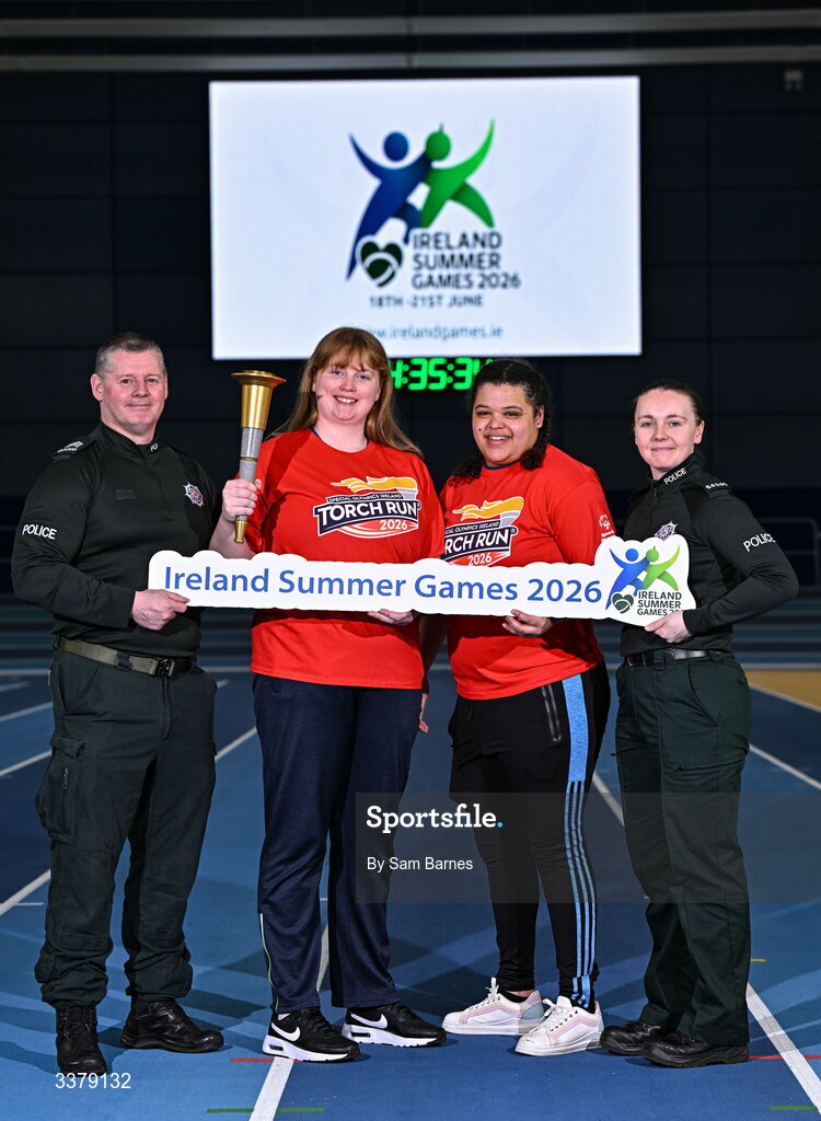 5 March 2026; Special Olympics Athletes Anita Forde from Kildare, centre left, and Moira Scott from Offaly, centre right, pictured with PSNI representatives Sergeant Shane Tohill, far left, and Constable Victoria Montgomery, far right, during the Special Olympics Ireland Summer Games launch at the National Indoor Arena on the Sport Ireland Campus in Dublin. Photo by Sam Barnes/Sportsfile