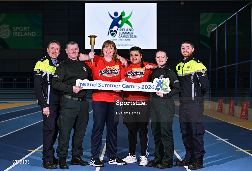 5 March 2026; Special Olympics Athletes Anita Forde from Kildare, centre left, and Moira Scott from Offaly, centre right, pictured with PSNI representatives Sergeant Shane Tohill, second from left, and Constable Victoria Montgomery, second from right, and An Garda Síochána representatives Garda Graham Doolan, far left, and Garda Fergus Kerr, far right, during the Special Olympics Ireland Summer Games launch at the National Indoor Arena on the Sport Ireland Campus in Dublin. Photo by Sam Barnes/Sportsfile