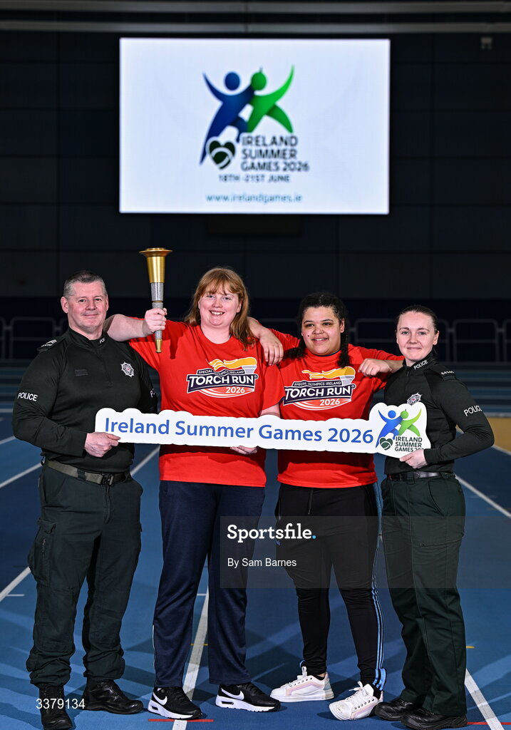 5 March 2026; Special Olympics Athletes Anita Forde from Kildare, centre left, and Moira Scott from Offaly, centre right, pictured with PSNI representatives Sergeant Shane Tohill, far left, and Constable Victoria Montgomery during the Special Olympics Ireland Summer Games launch at the National Indoor Arena on the Sport Ireland Campus in Dublin. Photo by Sam Barnes/Sportsfile
