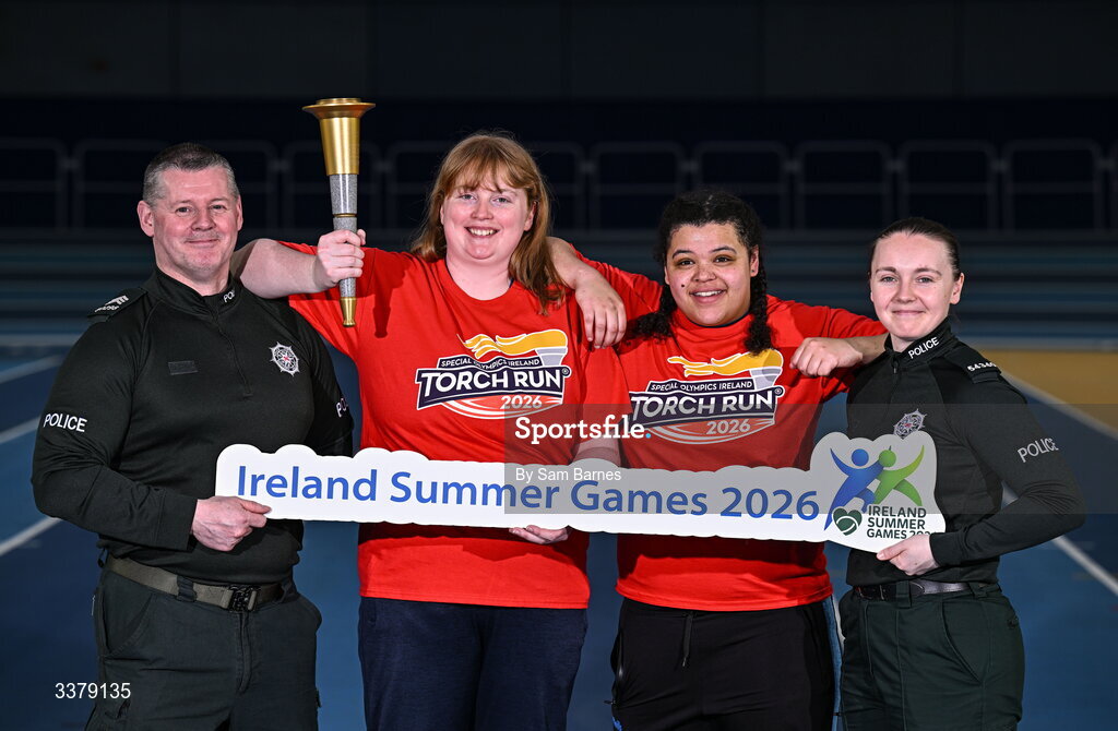 5 March 2026; Special Olympics Athletes Anita Forde from Kildare, centre left, and Moira Scott from Offaly, centre right, pictured with PSNI representatives Sergeant Shane Tohill, far left, and Constable Victoria Montgomery during the Special Olympics Ireland Summer Games launch at the National Indoor Arena on the Sport Ireland Campus in Dublin. Photo by Sam Barnes/Sportsfile