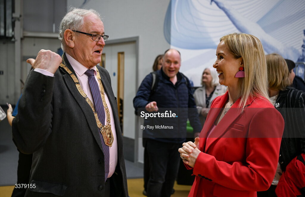 5 March 2026; Cllr Jim Gildea, Cathaoirleach, Dún Laoghaire-Rathdown County Council, with Karen Coventry, CEO of Special Olympics Ireland, before the Special Olympics Ireland Summer Games launch at the National Indoor Arena on the Sport Ireland Campus in Dublin. Photo by Ray McManus/Sportsfile