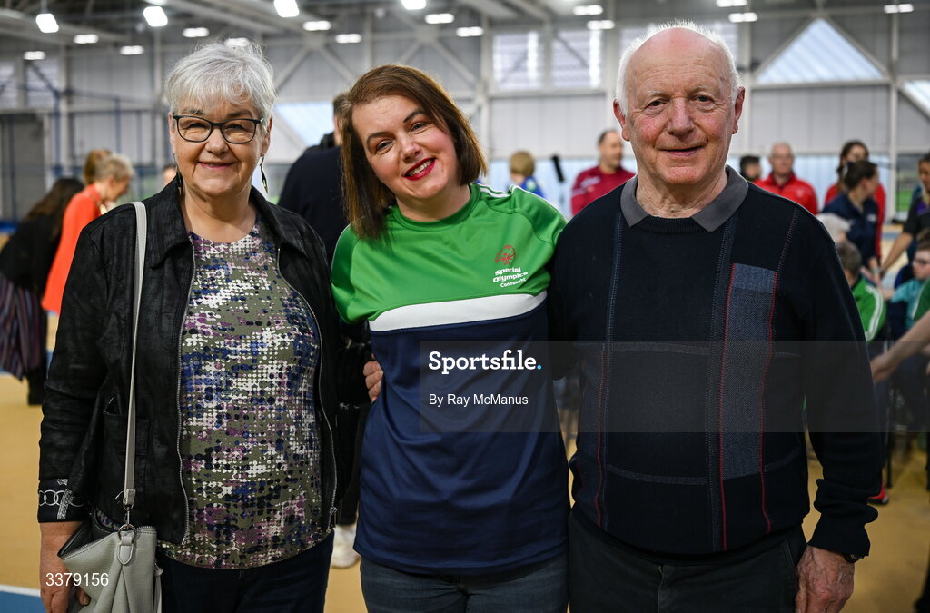 5 March 2026; Special Olympics Athlete Aoife Hegarty, from Roscommon Special Olympics, with her mother Mary and Dad Jack during the Special Olympics Ireland Summer Games launch at the National Indoor Arena on the Sport Ireland Campus in Dublin. Photo by Ray McManus/Sportsfile