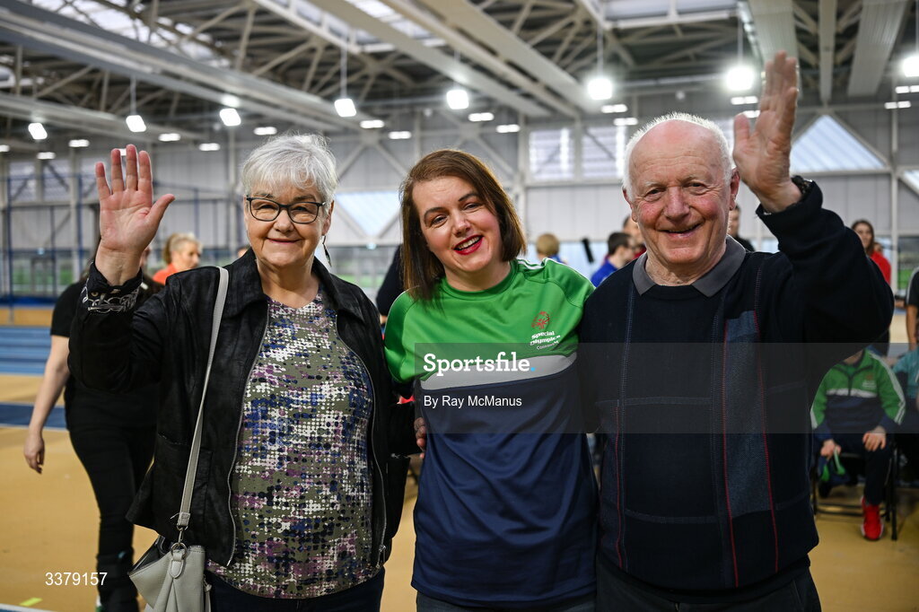 5 March 2026; Special Olympics Athlete Aoife Hegarty, from Roscommon Special Olympics, with her mother Mary and Dad Jack during the Special Olympics Ireland Summer Games launch at the National Indoor Arena on the Sport Ireland Campus in Dublin. Photo by Ray McManus/Sportsfile