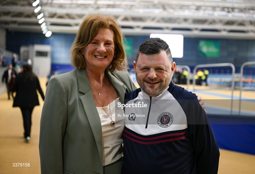 5 March 2026; Special Olympics Ireland Board Member Laura Murphy with Special Olympics athlete Michael Carr, Limerick City Special Olympics during the Special Olympics Ireland Summer Games launch at the National Indoor Arena on the Sport Ireland Campus in Dublin. Photo by Ray McManus/Sportsfile