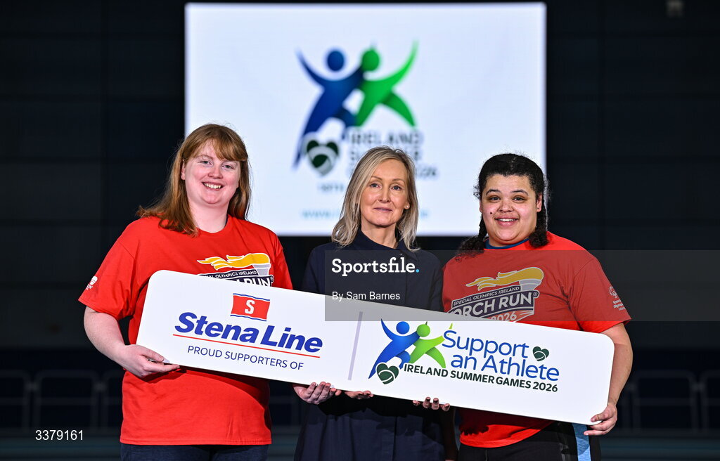 5 March 2026; Special Olympics Athletes Anita Forde from Kildare, left, and Moira Scott from Offaly, right pictured with Stena Line Travel Commercial Manager Orla Noonan during the Special Olympics Ireland Summer Games launch at the National Indoor Arena on the Sport Ireland Campus in Dublin. Photo by Sam Barnes/Sportsfile