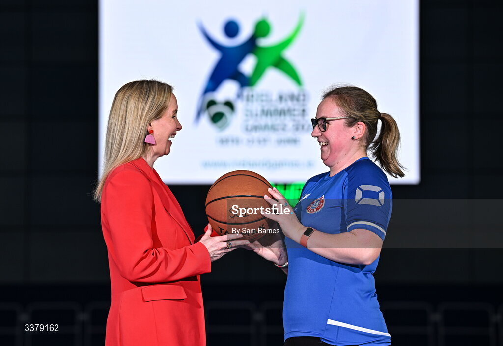 5 March 2026; Special Olympics Ireland Chief Exectutive  Karen Coventry and Special Olympics Athlete Emma Johnstone from Dublin during the Special Olympics Ireland Summer Games launch at the National Indoor Arena on the Sport Ireland Campus in Dublin. Photo by Sam Barnes/Sportsfile