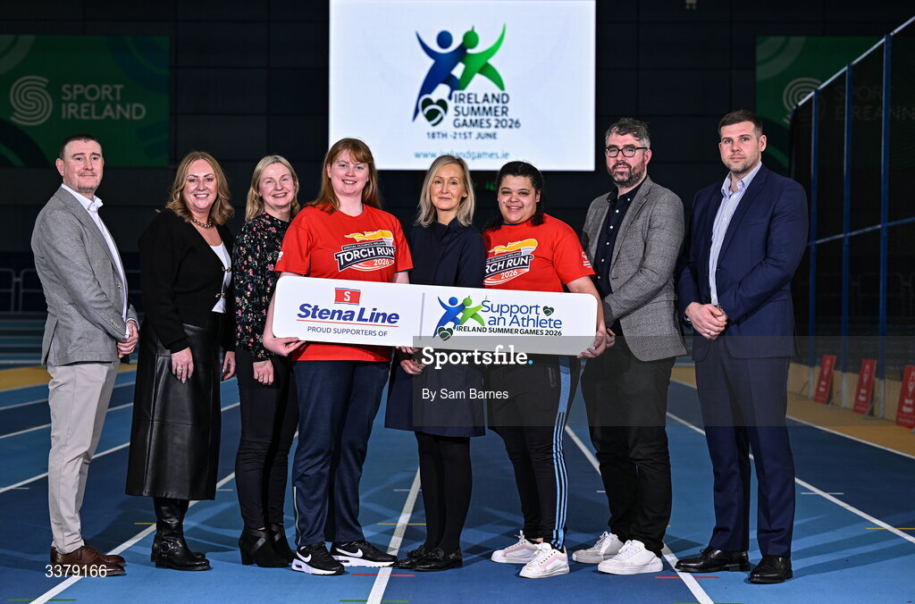 5 March 2026; Special Olympics Athletes Anita Forde from Kildare, centre left, and Moira Scott from Offaly, centre right pictured with Stena Line staff, from left, Gavin Farrell,Travel Manager, Andrea Greene, Retail,   Anndrea Wilson, Content Editor, Orla Noonan, Travel Commercial Manager, Niall Waters, Travel manager, and  Gintaras Rekasius, Trade Department,  during the Special Olympics Ireland Summer Games launch at the National Indoor Arena on the Sport Ireland Campus in Dublin. Photo by Sam Barnes/Sportsfile