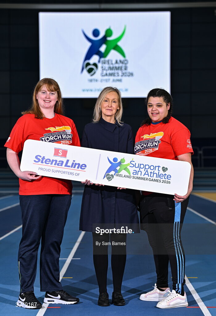 5 March 2026; Special Olympics Athletes Anita Forde from Kildare, left, and Moira Scott from Offaly, right pictured with Stena Line Travel Commercial Manager Orla Noonan during the Special Olympics Ireland Summer Games launch at the National Indoor Arena on the Sport Ireland Campus in Dublin. Photo by Sam Barnes/Sportsfile