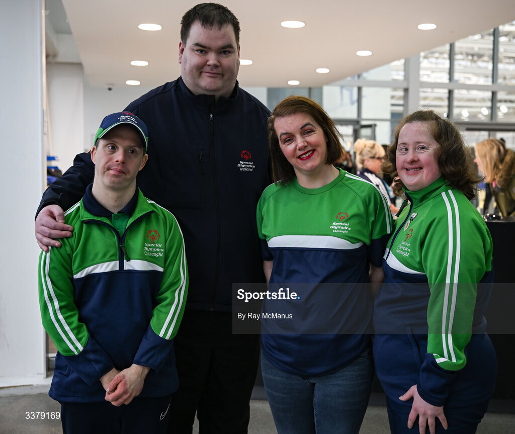 5 March 2026; Special Olympics athletes,  David Corroon, left. Shooting Stars. Mullingar, Westmeath, Mark Bolger, Special Olympics Team South Galway, Aoife Hegarty, Roscommon Special Olympics amd  Bríd Walsh, Casthebar, Co Mayo, right, before  the Special Olympics Ireland Summer Games launch at the National Indoor Arena on the Sport Ireland Campus in Dublin. Photo by Ray McManus/Sportsfile