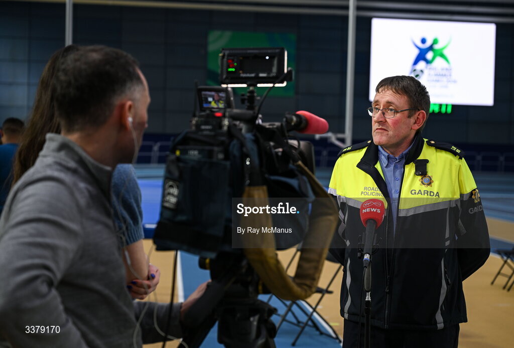 5 March 2026; Gardai Graham Doolan is interviewed by Virgin Media News during the Special Olympics Ireland Summer Games launch at the National Indoor Arena on the Sport Ireland Campus in Dublin. Photo by Ray McManus/Sportsfile