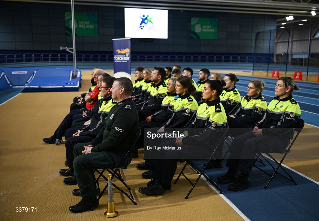 5 March 2026; Gardai and PSNI personell during the Special Olympics Ireland Summer Games launch at the National Indoor Arena on the Sport Ireland Campus in Dublin. Photo by Ray McManus/Sportsfile
