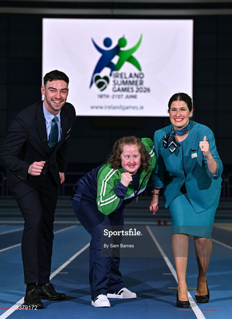 5 March 2026; Special Olympics athlete Bridget Walsh from Mayo, centre, pictured with Aer Lingus Cabin Crew members Shane Lynch and Rocío Orellana during the Special Olympics Ireland Summer Games launch at the National Indoor Arena on the Sport Ireland Campus in Dublin. Photo by Sam Barnes/Sportsfile
