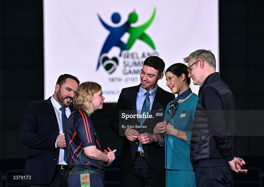 5 March 2026; Special Olympics athlete Alex Moloney from Munster, second from left, pictured with Aer Lingus staff, from left, Craig McCormish, Operations Crew Manager, Shane Lynch, Cabin Crew Member, and Rocío Orellana, Cabin Crew Member, and Donal Moriaty, Chief Corporate Affairs Officer, during the Special Olympics Ireland Summer Games launch at the National Indoor Arena on the Sport Ireland Campus in Dublin. Photo by Sam Barnes/Sportsfile