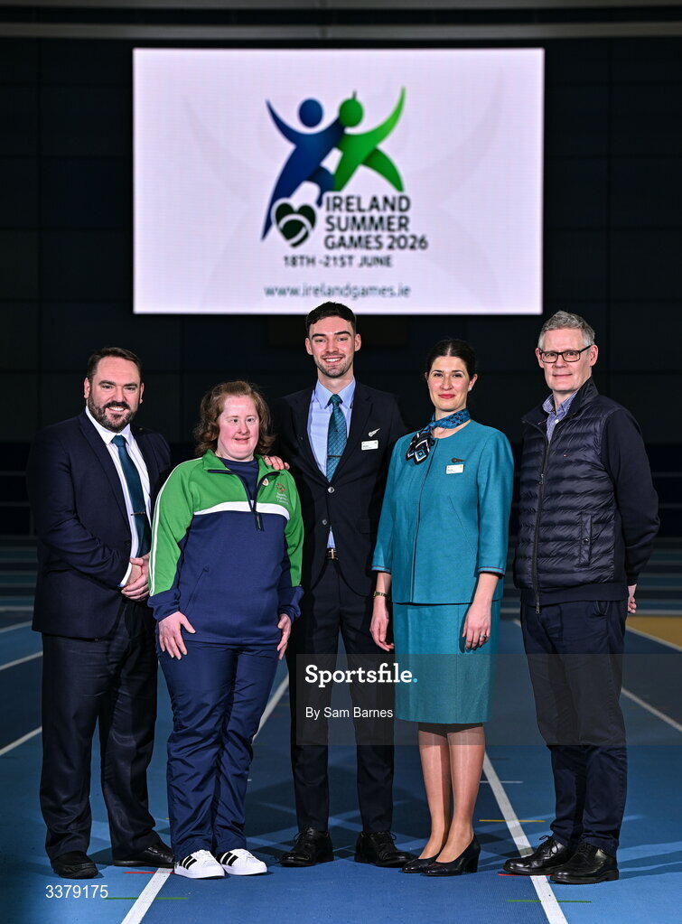 5 March 2026; Special Olympics athlete Bridget Walsh from Mayo, second from left, pictured with Aer Lingus staff, from left, Craig McCormish, Operations Crew Manager, Shane Lynch, Cabin Crew Member, and Rocío Orellana, Cabin Crew Member, and Donal Moriaty, Chief Corporate Affairs Officer, during the Special Olympics Ireland Summer Games launch at the National Indoor Arena on the Sport Ireland Campus in Dublin. Photo by Sam Barnes/Sportsfile