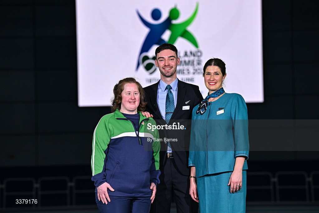 5 March 2026; Special Olympics athlete Bridget Walsh from Mayo, left, pictured with Aer Lingus Cabin Crew members Shane Lynch and Rocío Orellana during the Special Olympics Ireland Summer Games launch at the National Indoor Arena on the Sport Ireland Campus in Dublin. Photo by Sam Barnes/Sportsfile
