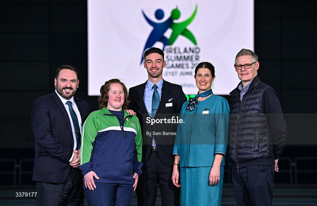5 March 2026; Special Olympics athlete Bridget Walsh from Mayo, second from left, pictured with Aer Lingus staff, from left, Craig McCormish, Operations Crew Manager, Shane Lynch, Cabin Crew Member, and Rocío Orellana, Cabin Crew Member, and Donal Moriaty, Chief Corporate Affairs Officer, during the Special Olympics Ireland Summer Games launch at the National Indoor Arena on the Sport Ireland Campus in Dublin. Photo by Sam Barnes/Sportsfile
