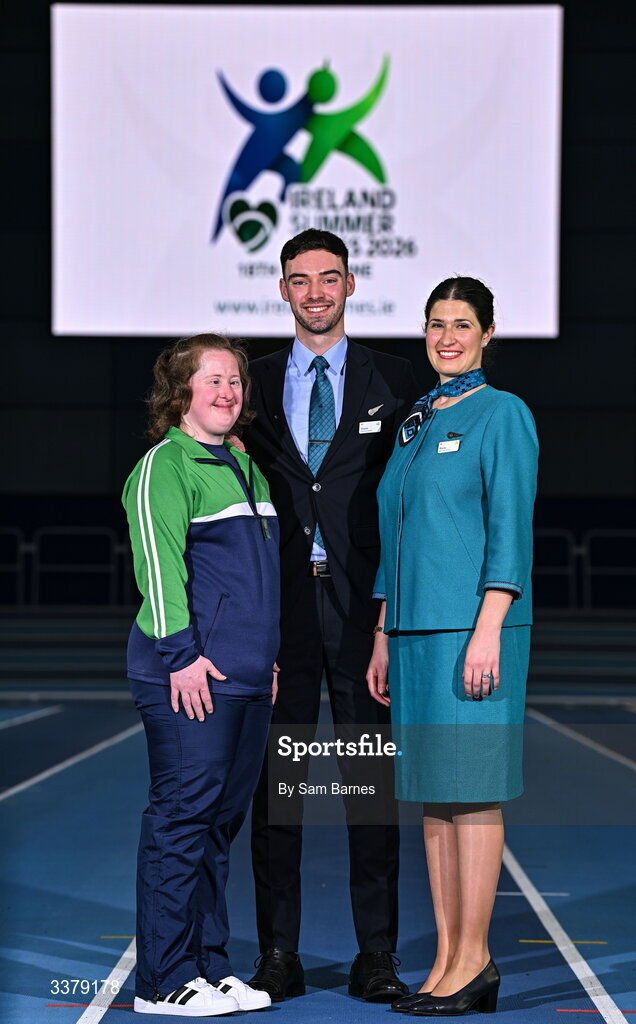 5 March 2026; Special Olympics athlete Bridget Walsh from Mayo, left, pictured with Aer Lingus Cabin Crew members Shane Lynch and Rocío Orellana during the Special Olympics Ireland Summer Games launch at the National Indoor Arena on the Sport Ireland Campus in Dublin. Photo by Sam Barnes/Sportsfile