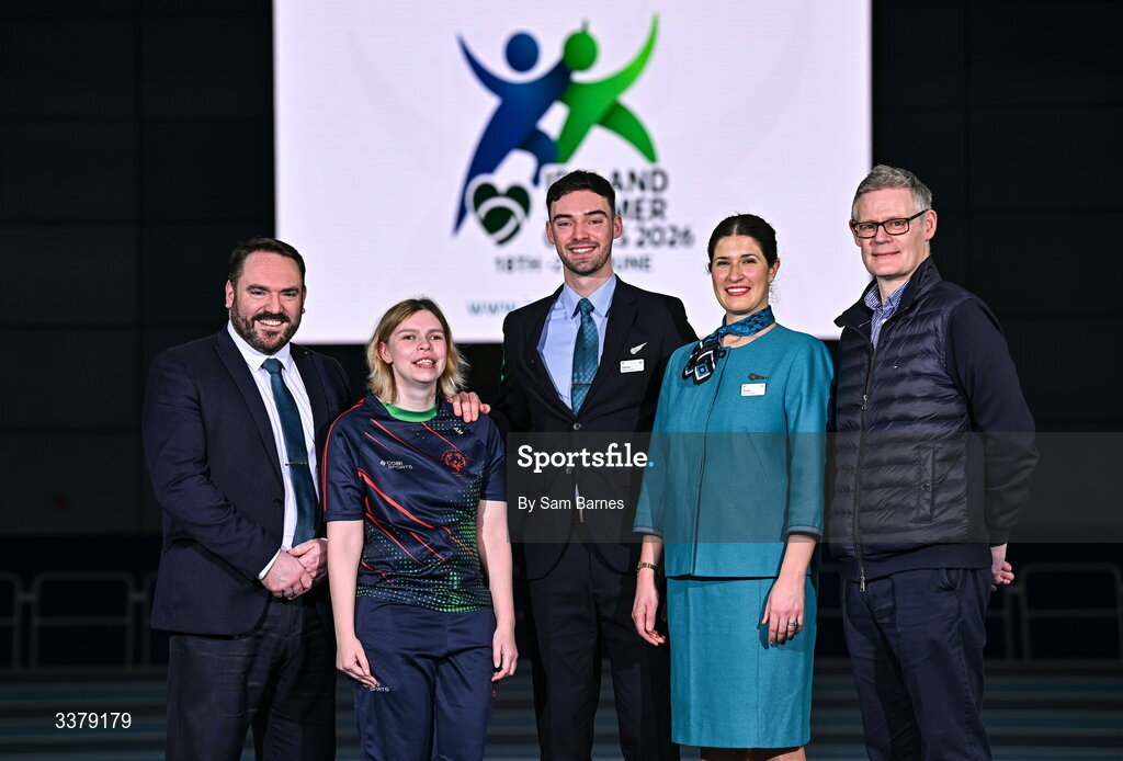 5 March 2026; Special Olympics athlete Alex Moloney from Munster, second from left, pictured with Aer Lingus staff, from left, Craig McCormish, Operations Crew Manager, Shane Lynch, Cabin Crew Member, and Rocío Orellana, Cabin Crew Member, and Donal Moriaty, Chief Corporate Affairs Officer, during the Special Olympics Ireland Summer Games launch at the National Indoor Arena on the Sport Ireland Campus in Dublin. Photo by Sam Barnes/Sportsfile