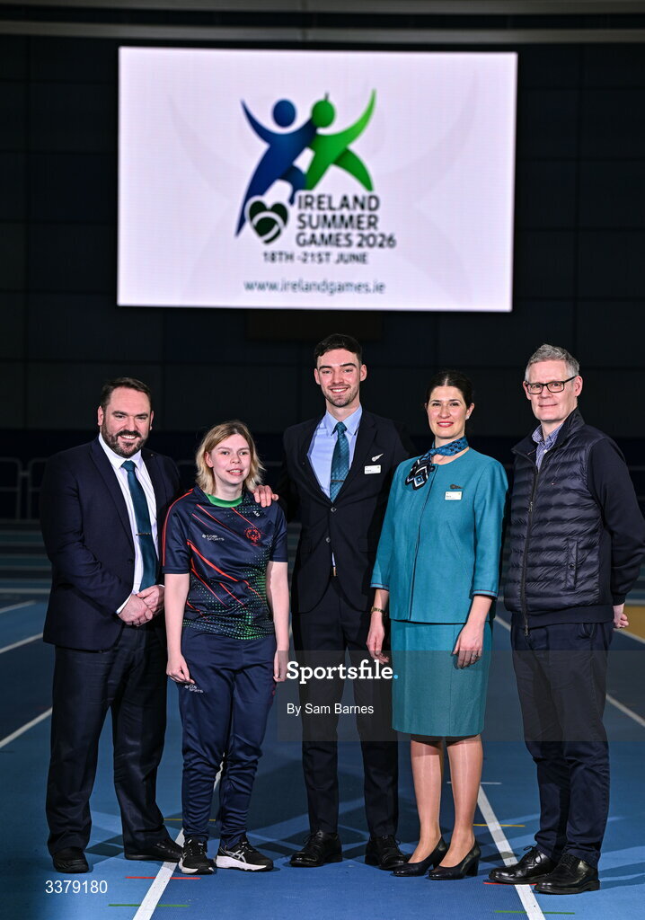 5 March 2026; Special Olympics athlete Alex Moloney from Munster, second from left, pictured with Aer Lingus staff, from left, Craig McCormish, Operations Crew Manager, Shane Lynch, Cabin Crew Member, and Rocío Orellana, Cabin Crew Member, and Donal Moriaty, Chief Corporate Affairs Officer, during the Special Olympics Ireland Summer Games launch at the National Indoor Arena on the Sport Ireland Campus in Dublin. Photo by Sam Barnes/Sportsfile