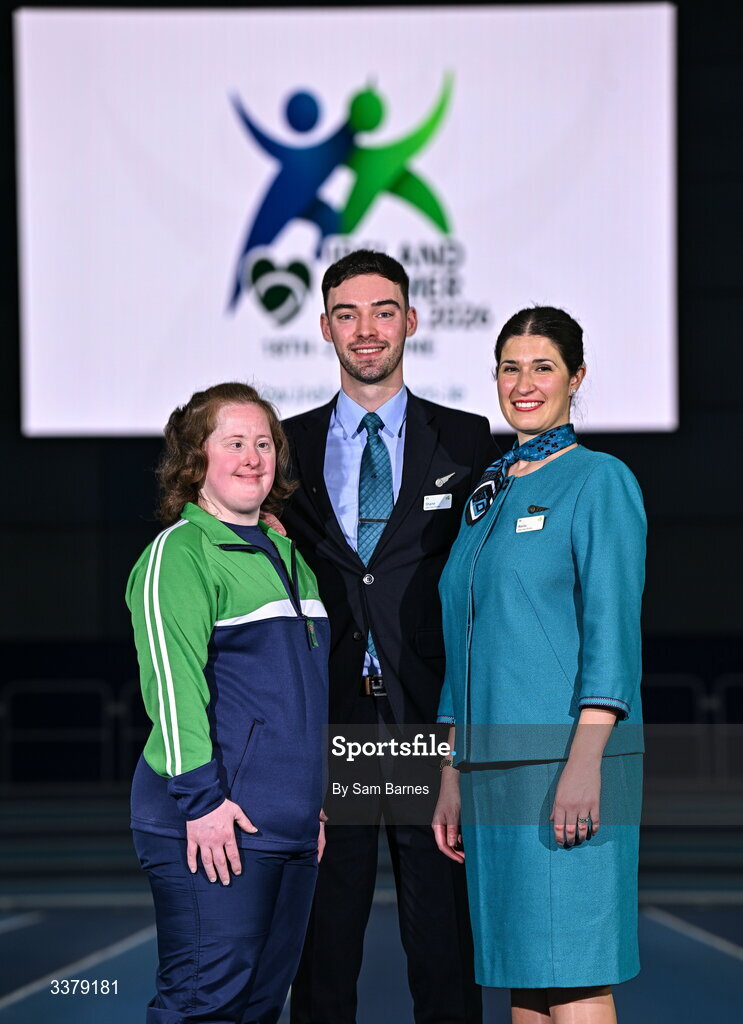 5 March 2026; Special Olympics athlete Bridget Walsh from Mayo, left, pictured with Aer Lingus Cabin Crew members Shane Lynch and Rocío Orellana during the Special Olympics Ireland Summer Games launch at the National Indoor Arena on the Sport Ireland Campus in Dublin. Photo by Sam Barnes/Sportsfile