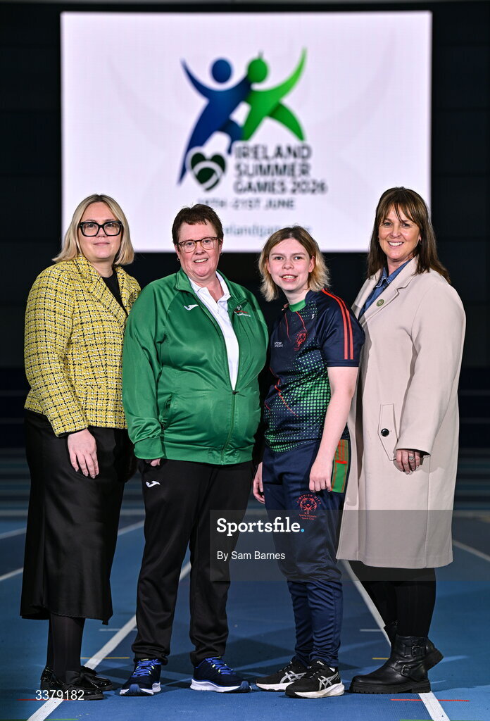 5 March 2026; Special Olympics athletes Jacqueline Stewart, centre left, and Alex Moloney from Limerick, centre right, pictured with Ciara Murray, Sports Direct Head of Marketing, far left, and Sharon Lancaster, Sports Direct Marketing Manager, during the Special Olympics Ireland Summer Games launch at the National Indoor Arena on the Sport Ireland Campus in Dublin. Photo by Sam Barnes/Sportsfile