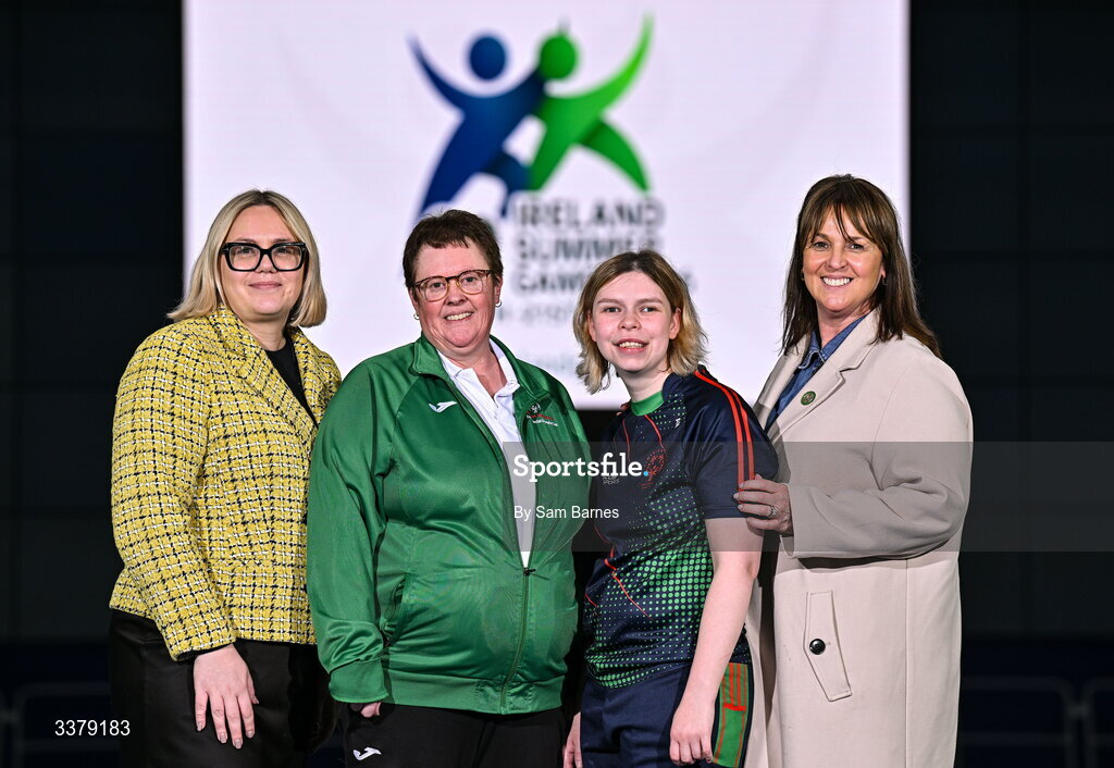 5 March 2026; Special Olympics athletes Jacqueline Stewart, centre left, and Alex Moloney from Limerick, centre right, pictured with Ciara Murray, Sports Direct Head of Marketing, far left, and Sharon Lancaster, Sports Direct Marketing Manager, during the Special Olympics Ireland Summer Games launch at the National Indoor Arena on the Sport Ireland Campus in Dublin. Photo by Sam Barnes/Sportsfile
