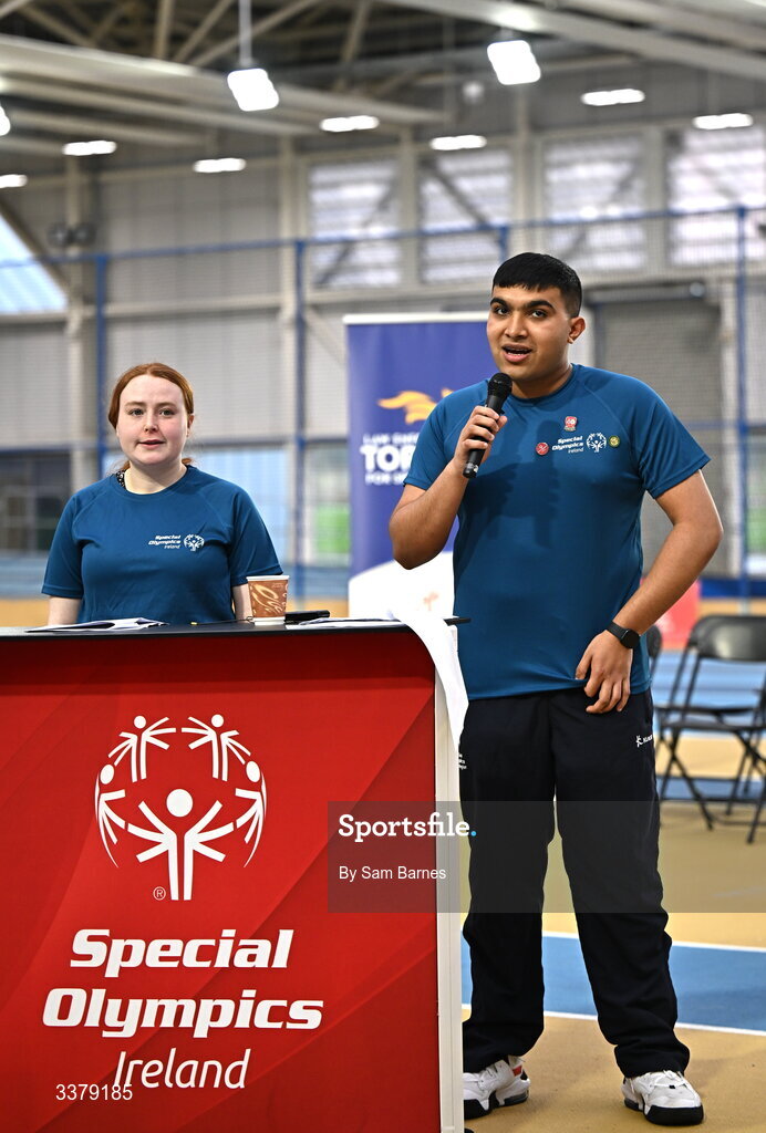 5 March 2026; Special Olympics Athletes Ashwin Malikaya, right, and Dara Kiernan address the audience during the Special Olympics Ireland Summer Games launch at the National Indoor Arena on the Sport Ireland Campus in Dublin. Photo by Sam Barnes/Sportsfile
