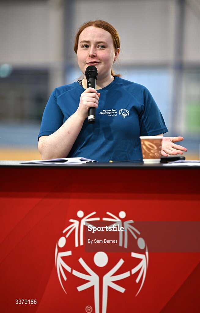 5 March 2026; Special Olympics Athlete Dara Kiernan addresses the audience during the Special Olympics Ireland Summer Games launch at the National Indoor Arena on the Sport Ireland Campus in Dublin. Photo by Sam Barnes/Sportsfile