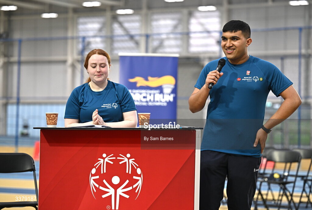 5 March 2026; Special Olympics Athletes Ashwin Malikaya, right, and Dara Kiernan address the audience during the Special Olympics Ireland Summer Games launch at the National Indoor Arena on the Sport Ireland Campus in Dublin. Photo by Sam Barnes/Sportsfile
