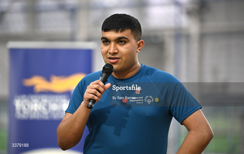 5 March 2026; Special Olympics Athlete Ashwin Malikaya addresses the audience during the Special Olympics Ireland Summer Games launch at the National Indoor Arena on the Sport Ireland Campus in Dublin. Photo by Sam Barnes/Sportsfile