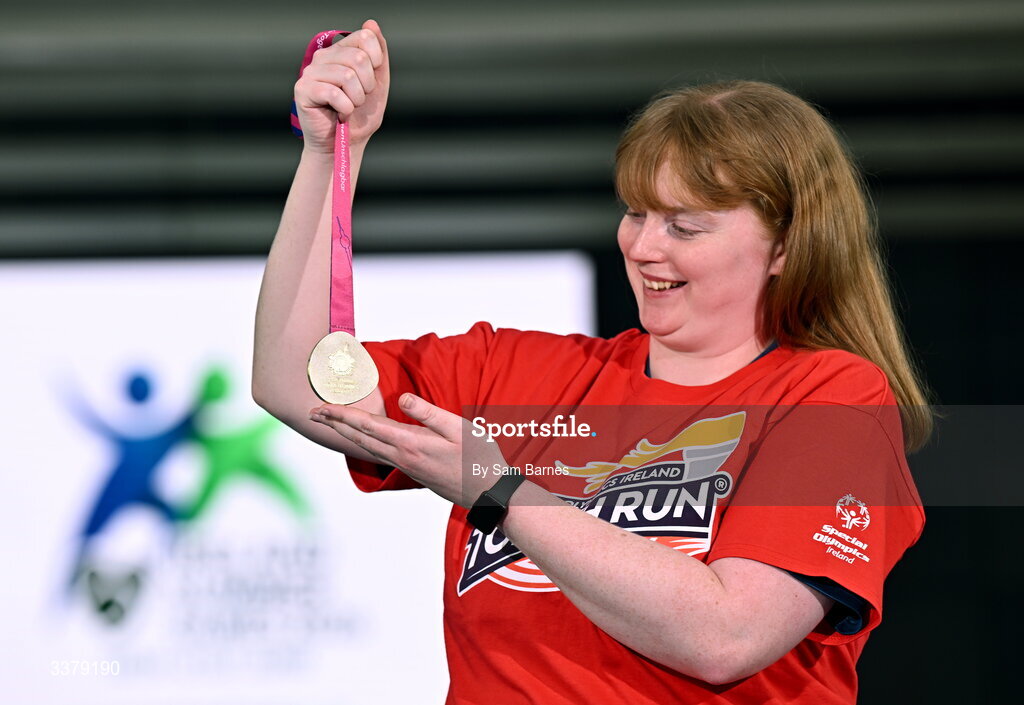 5 March 2026; Special Olympics athlete Anita Forde pictured with her gold medal during the Special Olympics Ireland Summer Games launch at the National Indoor Arena on the Sport Ireland Campus in Dublin. Photo by Sam Barnes/Sportsfile